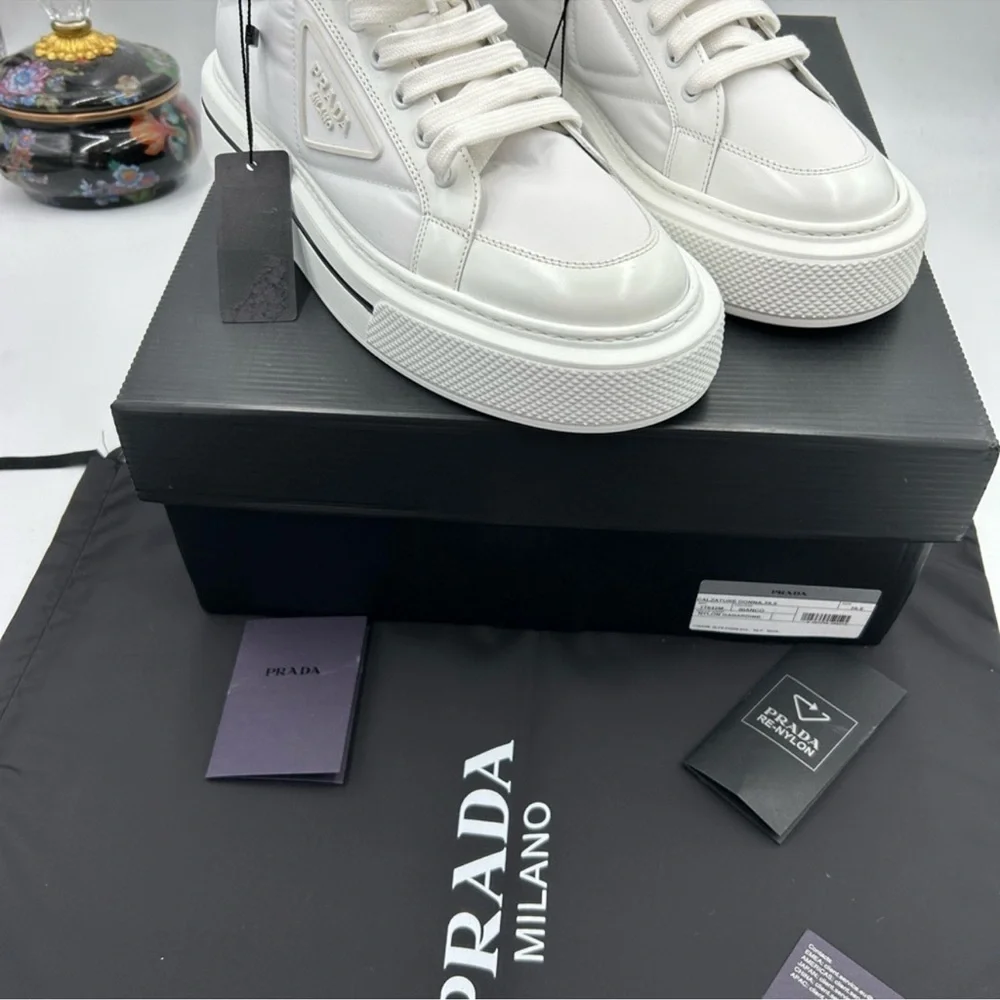 Women’s Prada re-nylon leather hightop sneakers size 39.5 made in Italy